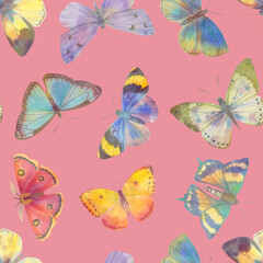 watercolor butterflies, seamless pattern for design. Abstract ornament from colorful butterflies.