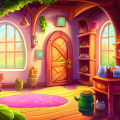 Fairy Tale Cottage Interior. Fiction Children Backdrop. Concept Art. Realistic Illustration. Video Game Digital CG Artwork. House Building Scenery.
