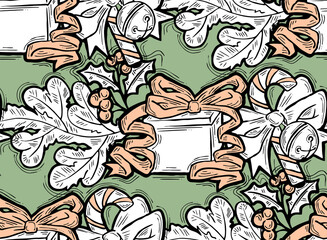 Christmas and New Year seamless pattern for wrapping paper, fabric print, textile design, decorative elements. Pine tree with xmas decoration. Hand drawn illustration. Cartoon style drawing.