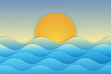 PrintIllustration of sea view and sunset in the evening. Beautiful sunset seascape. paper cut and craft style. vector, illustration