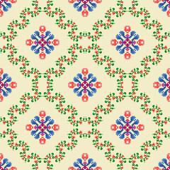 Pixel Ethnic seamless pattern decoration design. Ikat Aztec fabric carpet boho mandalas textile decor wallpaper. Tribal native motif ornaments traditional embroidery vector background 