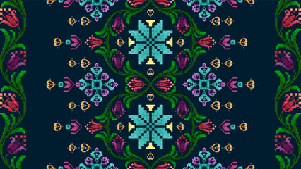 Pixel Ethnic seamless pattern decoration design. Ikat Aztec fabric carpet boho mandalas textile decor wallpaper. Tribal native motif ornaments traditional embroidery vector background 