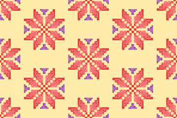 Naklejka na ściany i meble Pixel Ethnic seamless pattern decoration design. Ikat Aztec fabric carpet boho mandalas textile decor wallpaper. Tribal native motif ornaments traditional embroidery vector background 