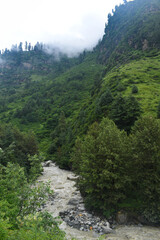 Fototapeta na wymiar Waterfall flowing in lush green mountain and river beneath