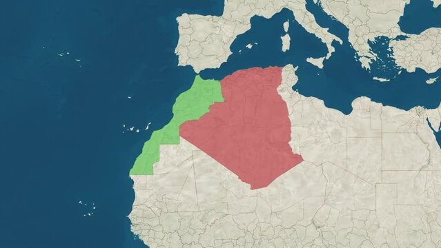Zoom in to the map of Morocco and Algeria with text, textless