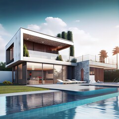 3D rendering of an impressive contemporary villa in exposed cement with garden and pool - obrazy, fototapety, plakaty