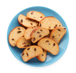 Plate of sweet hard chuck crackers with raisins on white background, top view