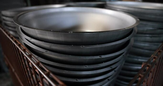 Blower Parts Produced by Sheet Metal Stamping Tool Die, Welded and assembled. Slow motion 4K video.