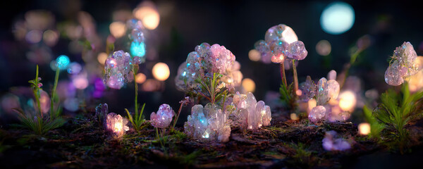 A beautiful fairytale enchanted forest at night made of glittering crystals with trees and colorful vegetation - obrazy, fototapety, plakaty