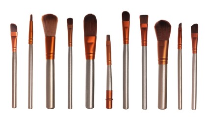 Set with different makeup brushes for applying cosmetic products on white background. Banner design