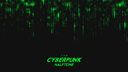 Fototapeta premium Abstract vector green cyberpunk halftone sound wave. Scrathed dotted texture element.