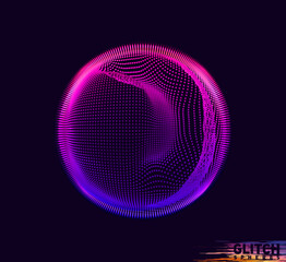 Corrupted violet point sphere. Abstract vector colorful mesh on dark background. Futuristic style card.