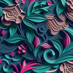 Modern 2d illustrated volumetric floral ornamental stripe background. Trendy craft style illustration. 3d effect imitation