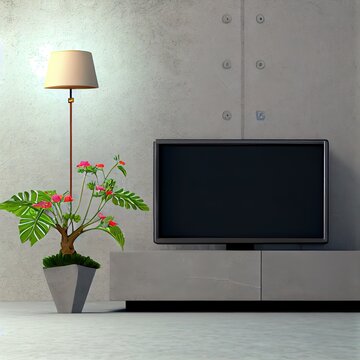 TV On Cement Stan In Modern Living Room With Lamp,table,flower And Plant On Cement Wall Background,3d Rendering