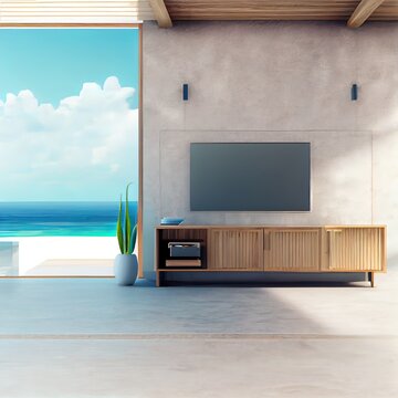 Sea View Living Room Of Luxury Summer Beach House With TV Stand And Wooden Cabinet. Empty Rough White Concrete Wall Background In Vacation Home Or Holiday Villa. Hotel Interior 3d Illustration.