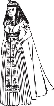 クレオパトラ　モノクロ　線画肖像イラスト　全身像
Egyptian Queen Nefertiti or Cleopatra