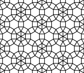 Dodecagons and hexagons in a contemporary mosaic tile repeating geometric tessellation pattern in black outline, PNG transparent background