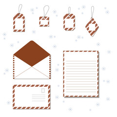 Christmas envelop. Postcard template. Blank vintage postal card with post stamp for greeting messages, and invitation letter posting. Realistic tags collection.