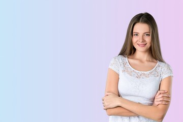 Obraz premium Happy young woman teenager posing