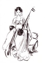 girl with musical instrument in Chinese ancient costume, graphic black and white drawing, Illustration in traditional oriental style.