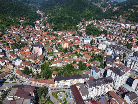 Zvornik, Bosnia and Hercegovina, aerial drone view. Building, houses and streets in city centre. 
