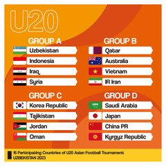 Final group stage of 16 participating countries of the 2023 Asia Football Tournament to be held in Uzbekistan in March 2023. Fits to the size of a social media post.