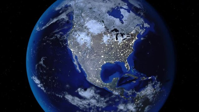 Zoom out of USA, America through clouds to see the Earth from space.