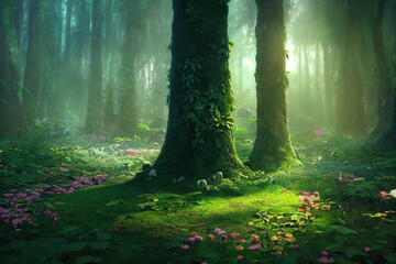 A beautiful fairytale enchanted forest with big trees and great vegetation. Digital painting background - obrazy, fototapety, plakaty