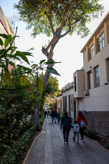 Families, young people and children walk calmly down the paved descent towards the sea of Barranco in Lima, Peru.