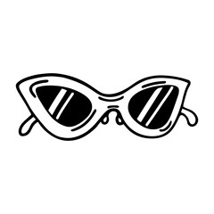 Fototapeta premium Sunglasses vector icon. Stylish glasses with an oval frame. Hand drawn black cartoon doodle isolated on white. Groovy fashion accessory. Monochrome outline, line art. Clipart for logo, web, apps