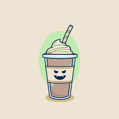 evil poisonous chocolate milkshake in takeaway cup with whip cream topping illustration. spoiled frappe coffee in plastic cup illustration mascot cartoon character