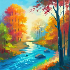 Oil painting landscape colorful autumn forest, beautiful river