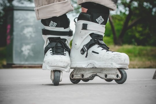 Closeup of white inline skates