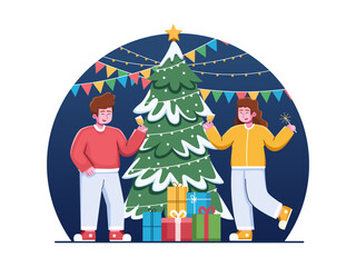 Illustration Person Celebrate Christmas With Christmas Party. 
Person Couple dancing and drinking in Christmas party.
Can be used for greeting card, postcard, banner, web, animation, etc