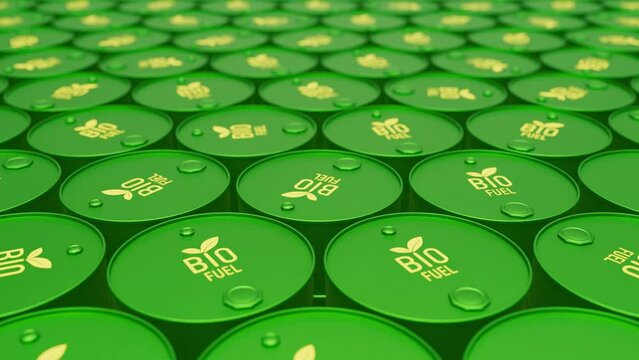 Pan over green Barrels of biofuel or biodiesel drums. Sustainable energy concept loopable 3d animation. Fuel industry