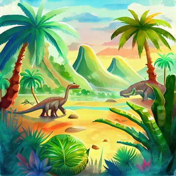 Watercolor landscape dino world. Hand painted nature view with palms, plants and dinosaurs. Beautiful jurassic period scene