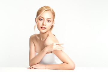 Obraz premium Beautiful young asian woman with clean fresh skin on white background, Face care, Facial treatment, Cosmetology, beauty and spa, Asian women portrait.