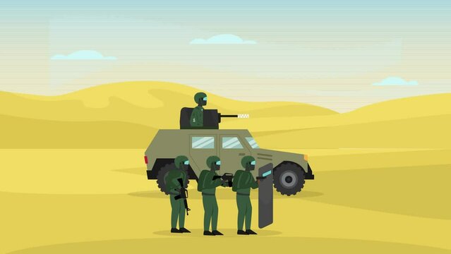 Soldiers walking with military car on the desert