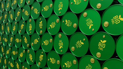 Wall of biofuel barrels or biodiesel drums. Sustainable energy concept. 3d render illustration - obrazy, fototapety, plakaty