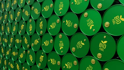 Foto op Aluminium Wall of biofuel barrels or biodiesel drums. Sustainable energy concept. 3d render illustration © garrykillian