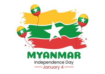 Celebrating Myanmar Independence Day on January 4th with Flags in Flat Cartoon Background Hand Drawn Templates Illustration