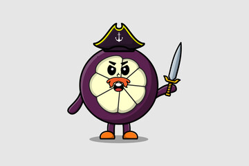 Cute cartoon mascot character Mangosteen pirate with hat and holding sword in modern design