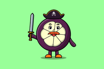 Cute cartoon mascot character Mangosteen pirate with hat and holding sword in modern design