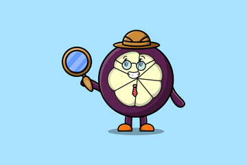 Cute cartoon character Mangosteen detective is searching with magnifying glass   