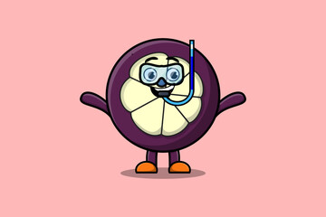 Cute cartoon Mangosteen diver with swimming glass in flat modern style design