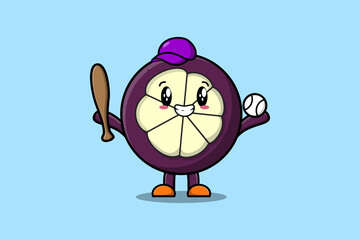 Cute cartoon Mangosteen character playing baseball in modern style design