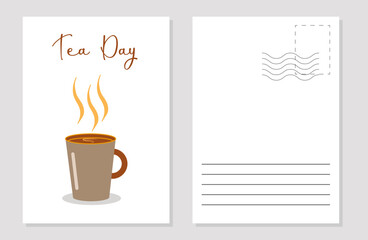 mock-up of a greeting card with a tea day cup with hot tea