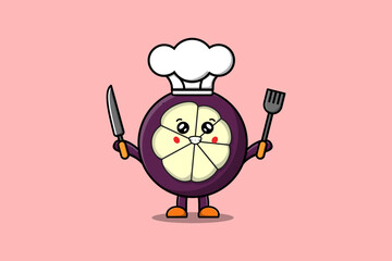 Cute cartoon Mangosteen chef character holding knife and fork in flat cartoon style illustration