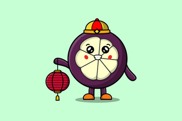 Cute cartoon Mangosteen chinese character holding lantern in vector icon illustration