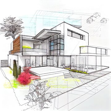 modern house sketch plan 3d illustration